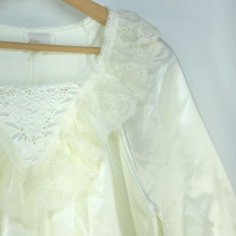 Vintage Llise Stevens Nightgown Womens Medium White Satin Lace Ruffle Cuffs Long - Picture 10 of 16